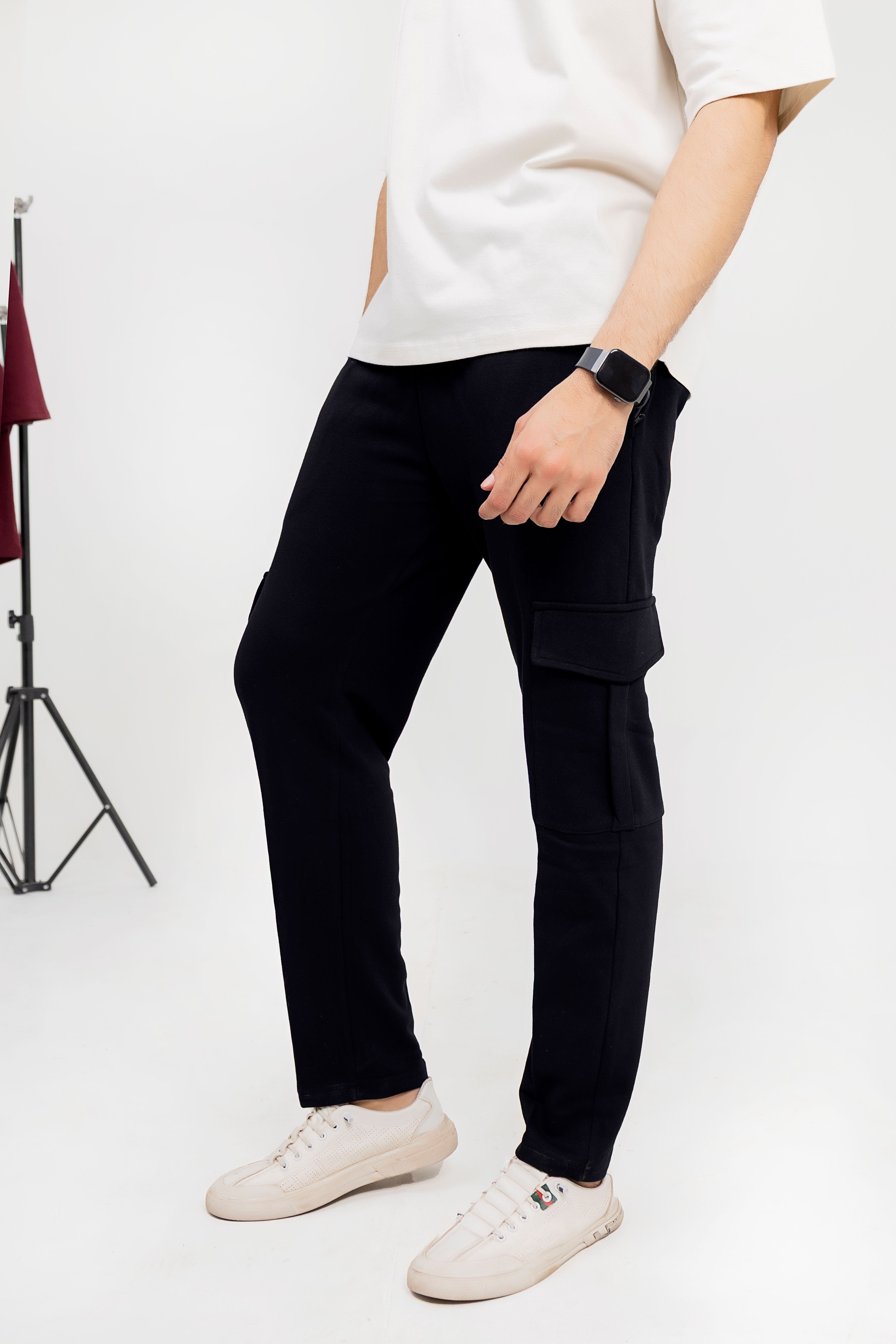 Black Cotton Terry Cargo Trouser